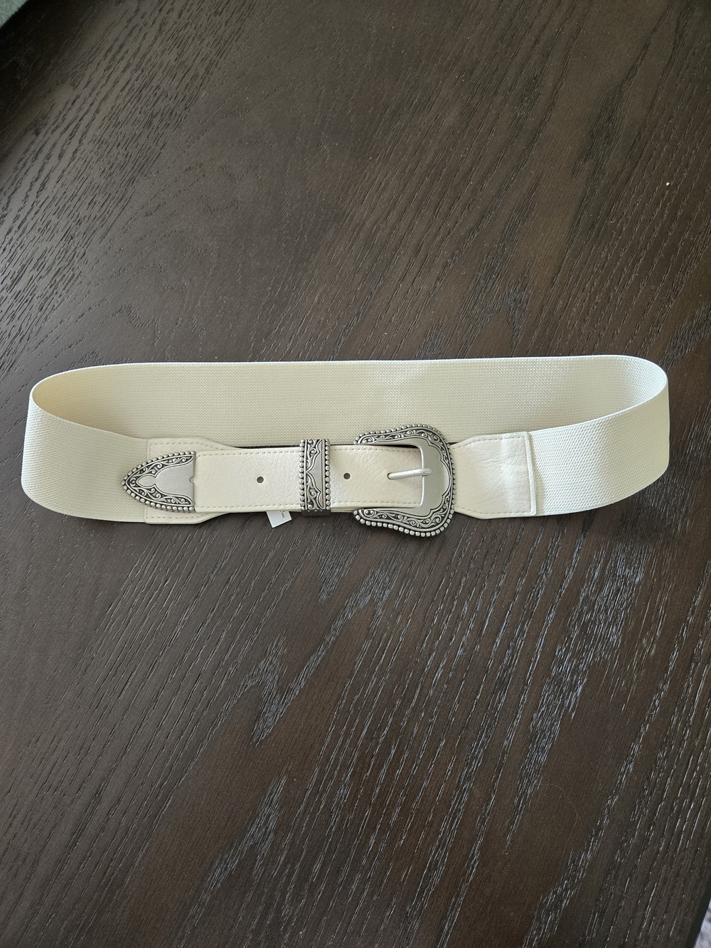 Vince Camuto Cream Stretch Belt with Silver Western Buckle
